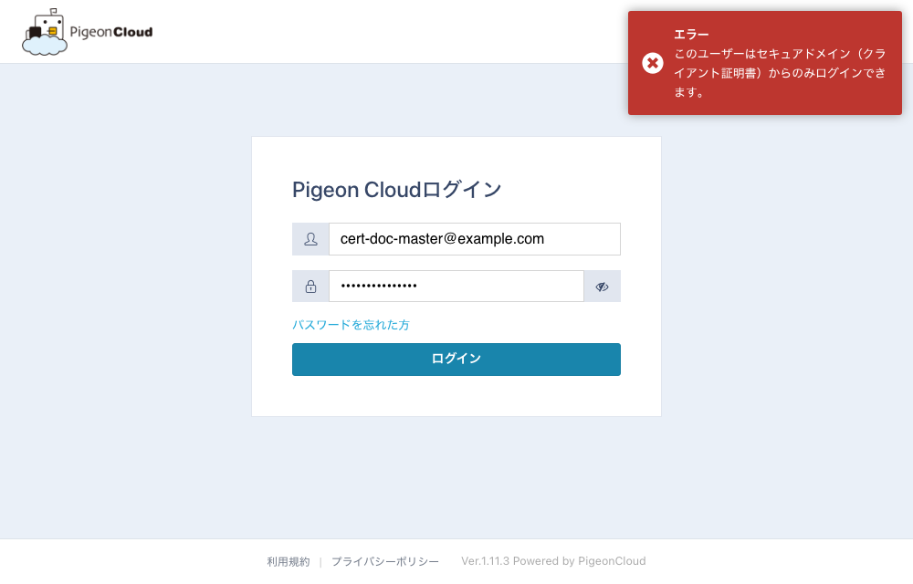 通常ドメインでのログインが拒否される画面